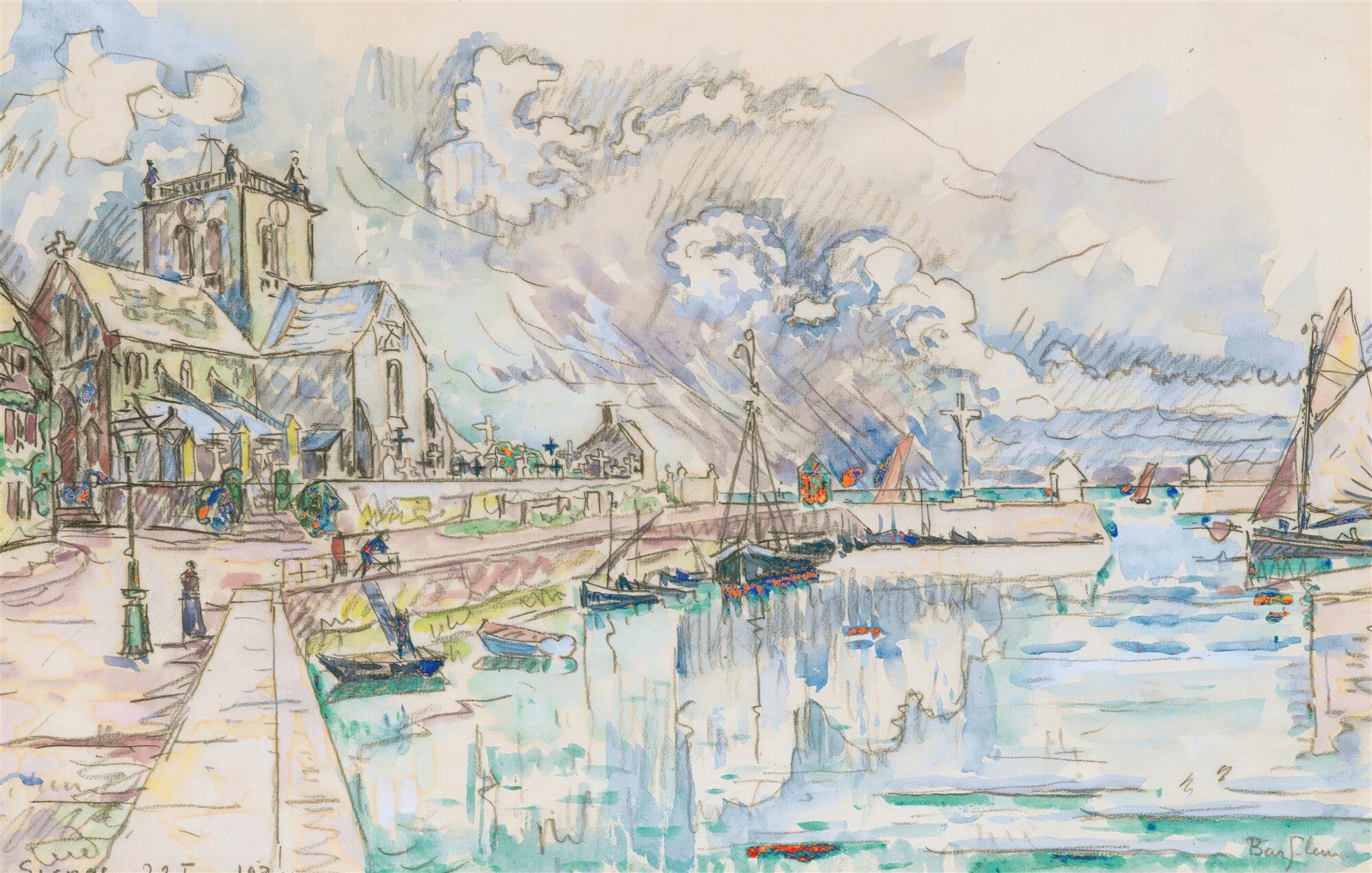 Aquarela de Paul Signac retratando o porto de Barfleur, com barcos na água refletindo a luz, uma igreja e casas na margem, sob um céu com nuvens suaves.