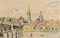 Aquarela de Paul Signac, La Charité-sur-Loire, representando uma cidade ribeirinha com torres de igreja e telhados coloridos, sob um céu claro com nuvens esparsas, em tons pastéis e traços fluidos.