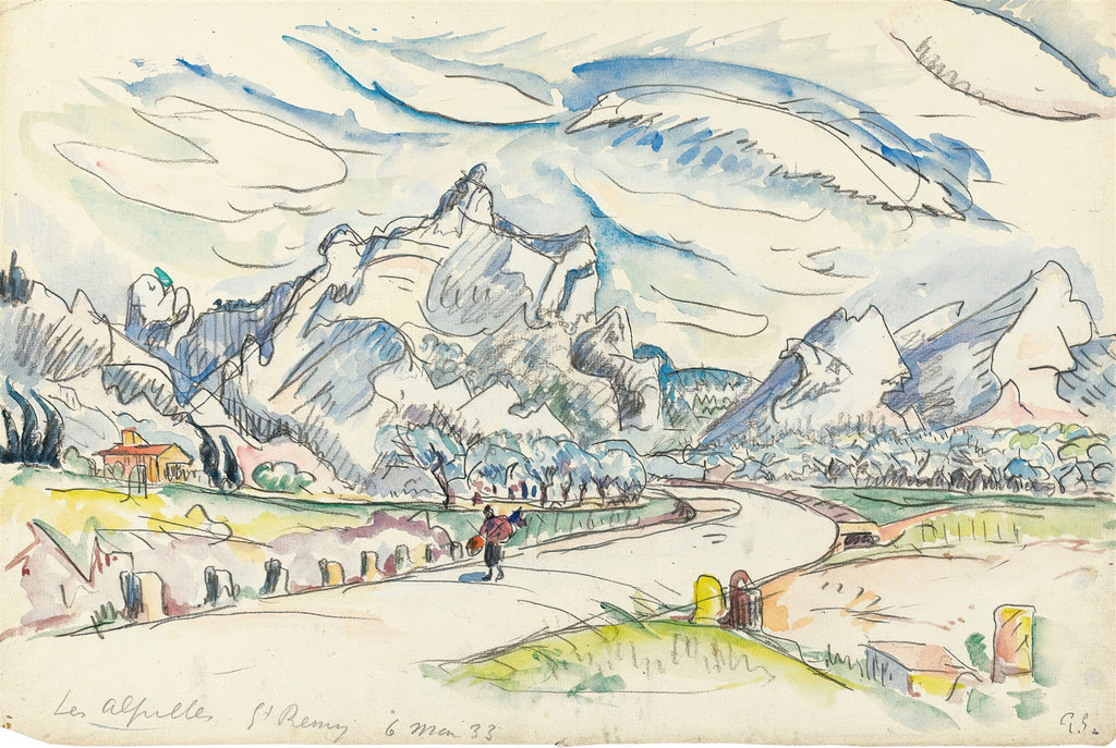 Quadro decorativo com paisagem montanhosa em aquarela, com montanhas azuis e brancas, um céu nublado, um caminho sinuoso e uma figura caminhando. Obra atribuída a Paul Signac, 'Les Alpilles, Saint-Rémy'.