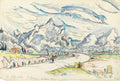 Quadro decorativo com paisagem montanhosa em aquarela, com montanhas azuis e brancas, um céu nublado, um caminho sinuoso e uma figura caminhando. Obra atribuída a Paul Signac, 'Les Alpilles, Saint-Rémy'.