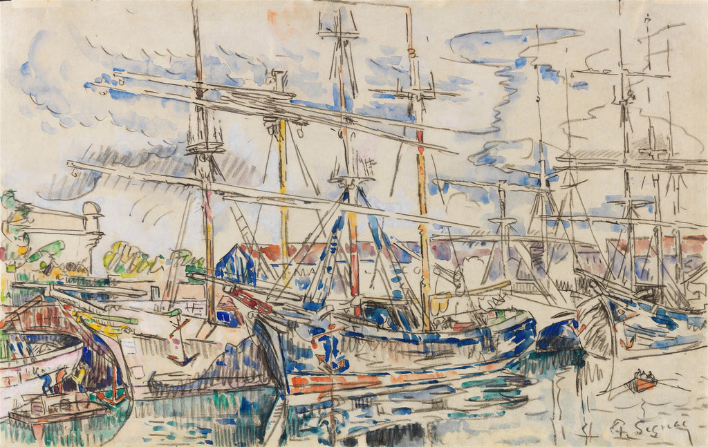 Desenho de porto com muitos barcos à vela e mastros, em estilo de aquarela e grafite, com cores vibrantes como azul, verde e vermelho, sob um céu com nuvens brancas e cinzas. Obra de Paul Signac.