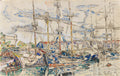Desenho de porto com muitos barcos à vela e mastros, em estilo de aquarela e grafite, com cores vibrantes como azul, verde e vermelho, sob um céu com nuvens brancas e cinzas. Obra de Paul Signac.