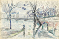 Desenho a nanquim e aquarela de Paul Signac, representando um pescador em um barco no rio Sena, com uma ponte ao fundo e árvores esparsas nas margens. Predominam tons de azul, cinza e verde-água.
