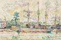 Quadro decorativo com aquarela e grafite de Paul Signac, 'Port de Paimpol', representando barcos à vela atracados em um porto, com edifícios e árvores ao fundo, sob um céu nublado. Predominam tons de azul, verde e ocre.