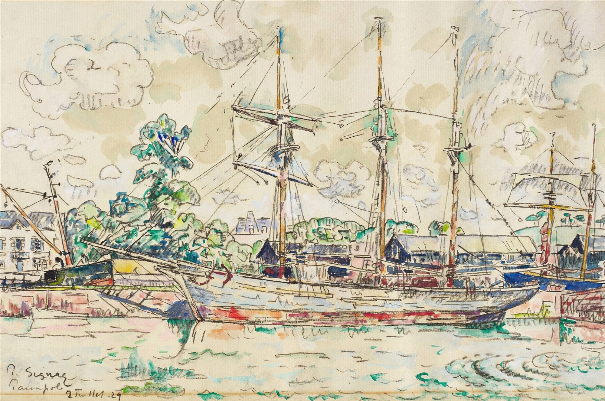 Quadro decorativo com aquarela e grafite de Paul Signac, 'Port de Paimpol', representando barcos à vela atracados em um porto, com edifícios e árvores ao fundo, sob um céu nublado. Predominam tons de azul, verde e ocre.
