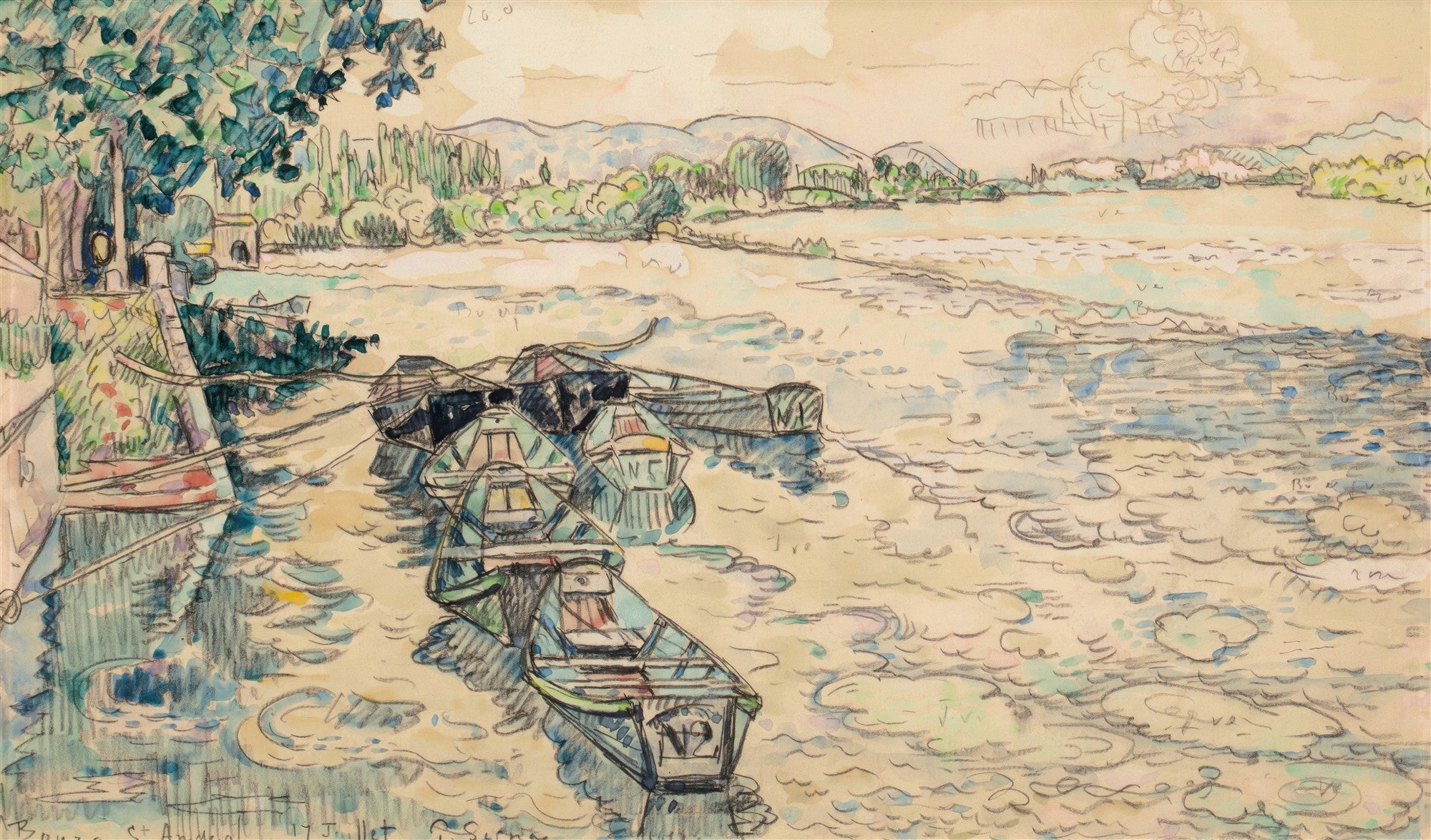 Desenho aquarelado de Paul Signac mostrando barcos ancorados em um rio tranquilo, com árvores e montanhas ao fundo. Predominam tons pastel de azul, verde e ocre.