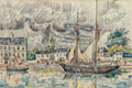 Quadro decorativo com paisagem marítima de Paul Signac, Porto de Honfleur, com barcos a vela e edifícios à beira-mar sob um céu nublado.