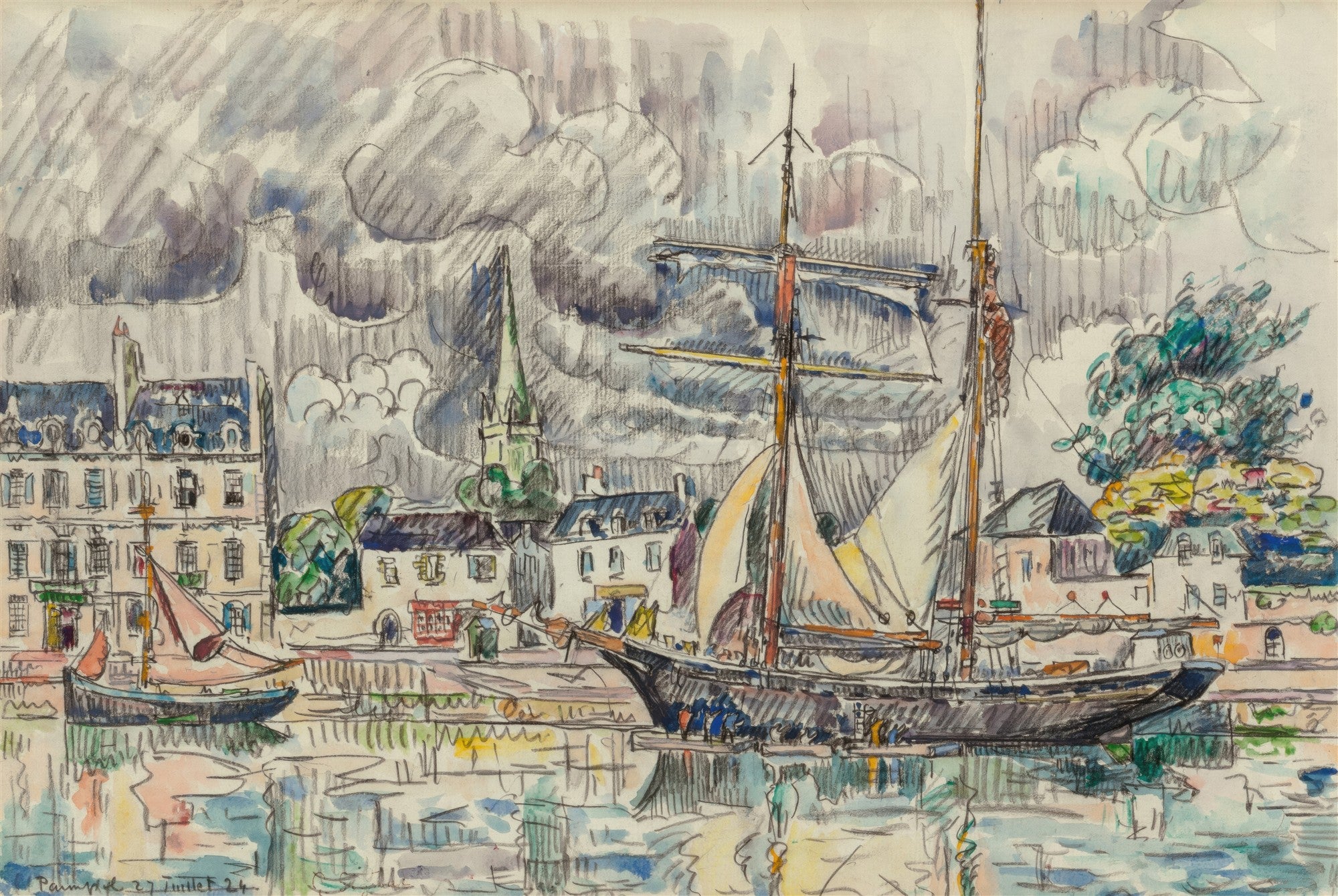 Quadro decorativo com paisagem marítima de Paul Signac, Porto de Honfleur, com barcos a vela e edifícios à beira-mar sob um céu nublado.
