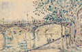 Aquarela de Paul Signac mostrando a Pont Neuf em Paris, com pessoas atravessando a ponte e árvores em primeiro plano, refletindo-se na água.