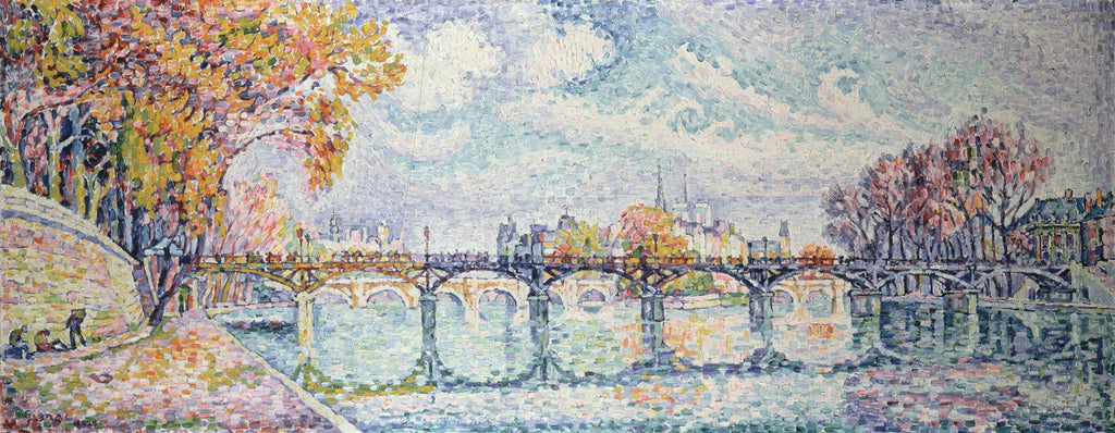 Quadro decorativo com paisagem urbana pontilhista de Paul Signac, mostrando a Ponte das Artes em Paris com a Catedral de Notre-Dame ao fundo, com cores vibrantes e reflexos na água, árvores com folhagem outonal nas margens.