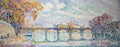 Quadro decorativo com paisagem urbana pontilhista de Paul Signac, mostrando a Ponte das Artes em Paris com a Catedral de Notre-Dame ao fundo, com cores vibrantes e reflexos na água, árvores com folhagem outonal nas margens.