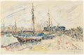Quadro decorativo com aquarela e desenho a lápis de um porto com barcos ancorados, edifícios ao fundo e céu nublado. A assinatura de Paul Signac e a localidade 'Sables d'Olonne' são visíveis.