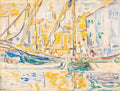 Quadro decorativo de Paul Signac, aquarela de um porto com barcos de vela e construções ao fundo, em tons de amarelo, azul e verde.