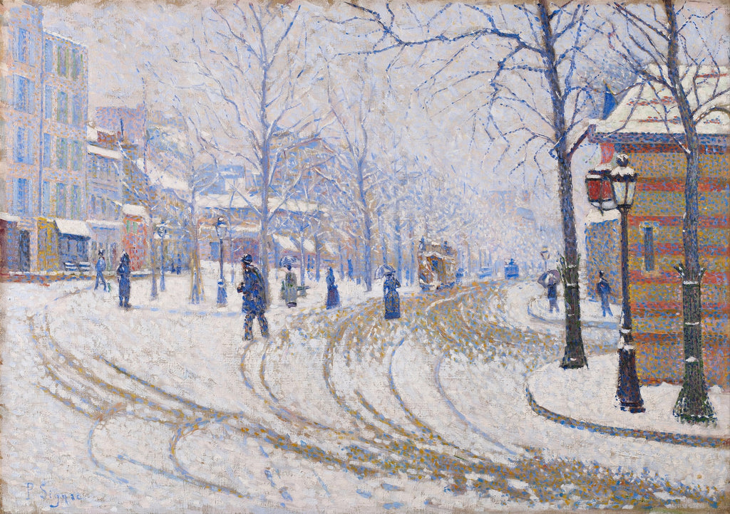 Quadro decorativo mostrando uma rua de Paris coberta de neve, com pessoas caminhando e árvores desfolhadas. A técnica pontilhista de Paul Signac é evidente na composição e nas cores azuladas e brancas que predominam na cena invernal.