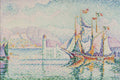 Quadro decorativo de Paul Signac, estilo pontilhista, representando um porto com um barco à vela e um farol, com montanhas ao fundo e um céu azul claro. As cores são vibrantes e pontilhadas, criando um efeito luminoso.