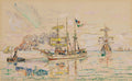 Quadro decorativo do Porto de Saint-Malo por Paul Signac, com embarcações e um rebocador em águas que refletem o céu, estilo aquarela pontilhista