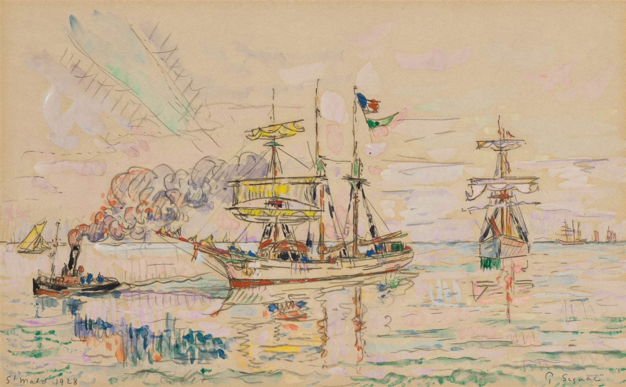 Quadro decorativo do Porto de Saint-Malo por Paul Signac, com embarcações e um rebocador em águas que refletem o céu, estilo aquarela pontilhista