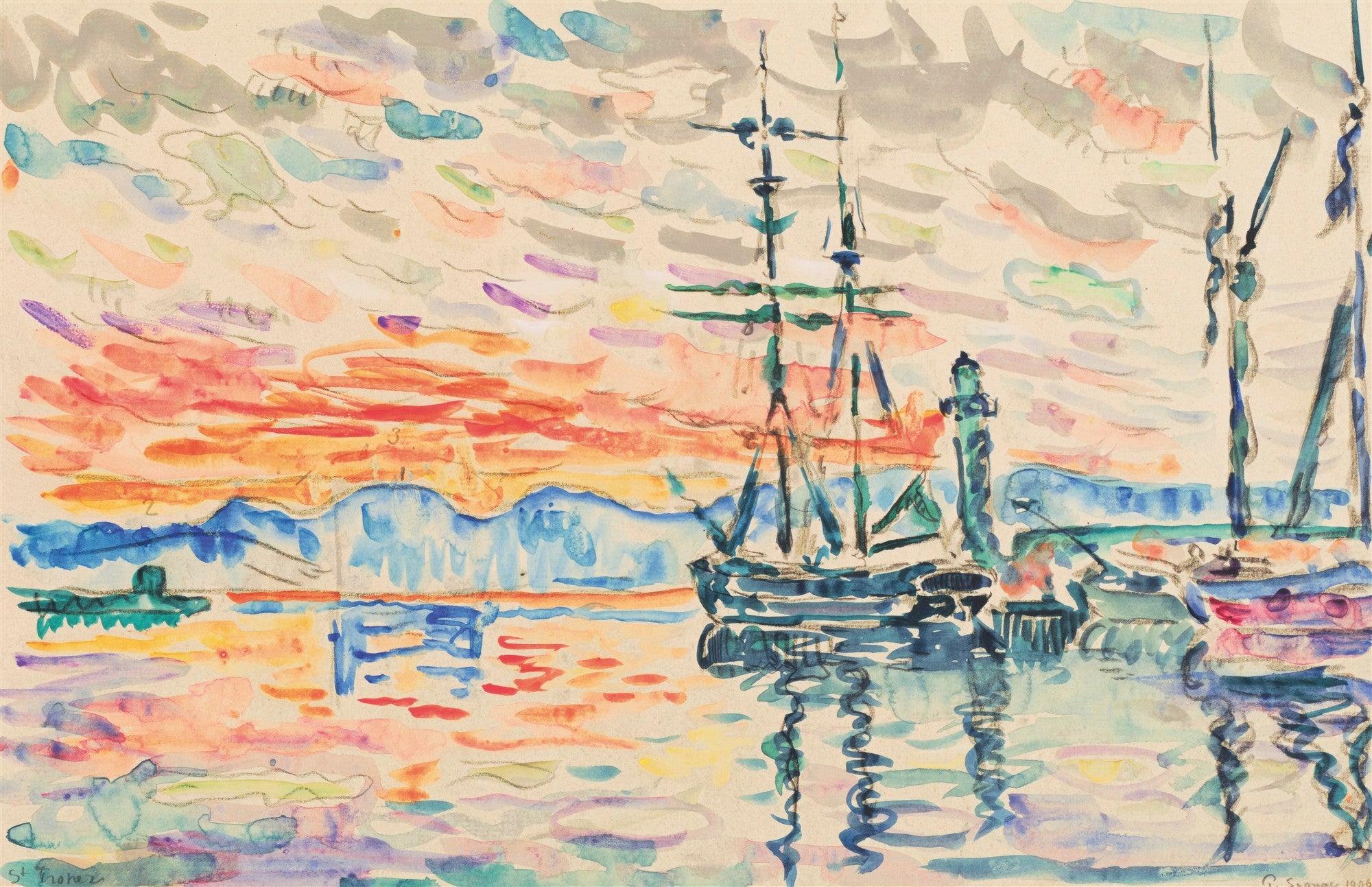 Aquarela de Paul Signac de um porto ao pôr do sol, com barcos e um farol, céu em tons de laranja e rosa, e reflexos coloridos na água.