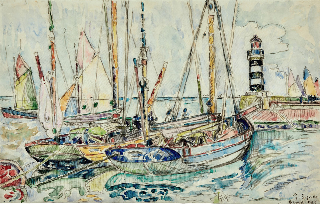 Quadro decorativo com uma cena de porto, barcos a vela coloridos e um farol listrado em preto e branco, estilo aquarela com traços de Paul Signac.
