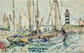 Quadro decorativo com uma cena de porto, barcos a vela coloridos e um farol listrado em preto e branco, estilo aquarela com traços de Paul Signac.