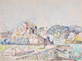 Quadro decorativo atribuído a Paul Signac, retratando um porto com casario e barcos, em tons pastel de azul, verde e ocre, com técnica de aquarela ou guache.