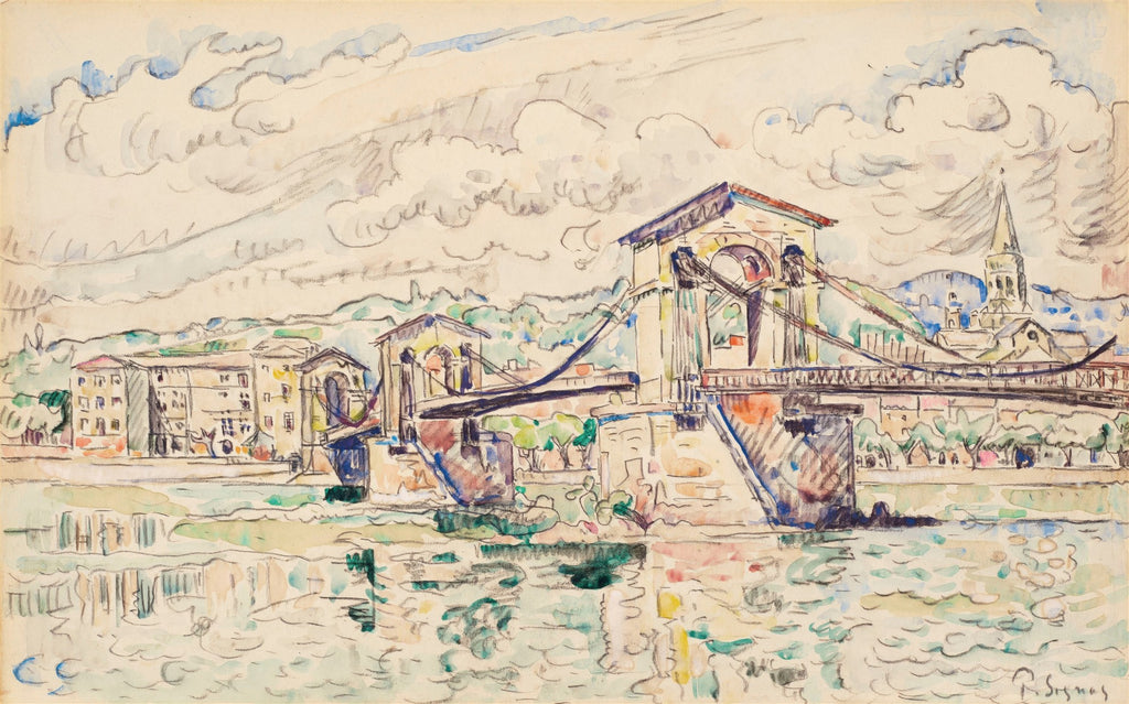 Aquarela de Paul Signac representando uma ponte sobre um rio, com edifícios e colinas ao fundo e céu nublado. A técnica em aquarela destaca-se pela leveza e reflexos na água.