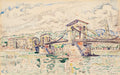 Aquarela de Paul Signac representando uma ponte sobre um rio, com edifícios e colinas ao fundo e céu nublado. A técnica em aquarela destaca-se pela leveza e reflexos na água.