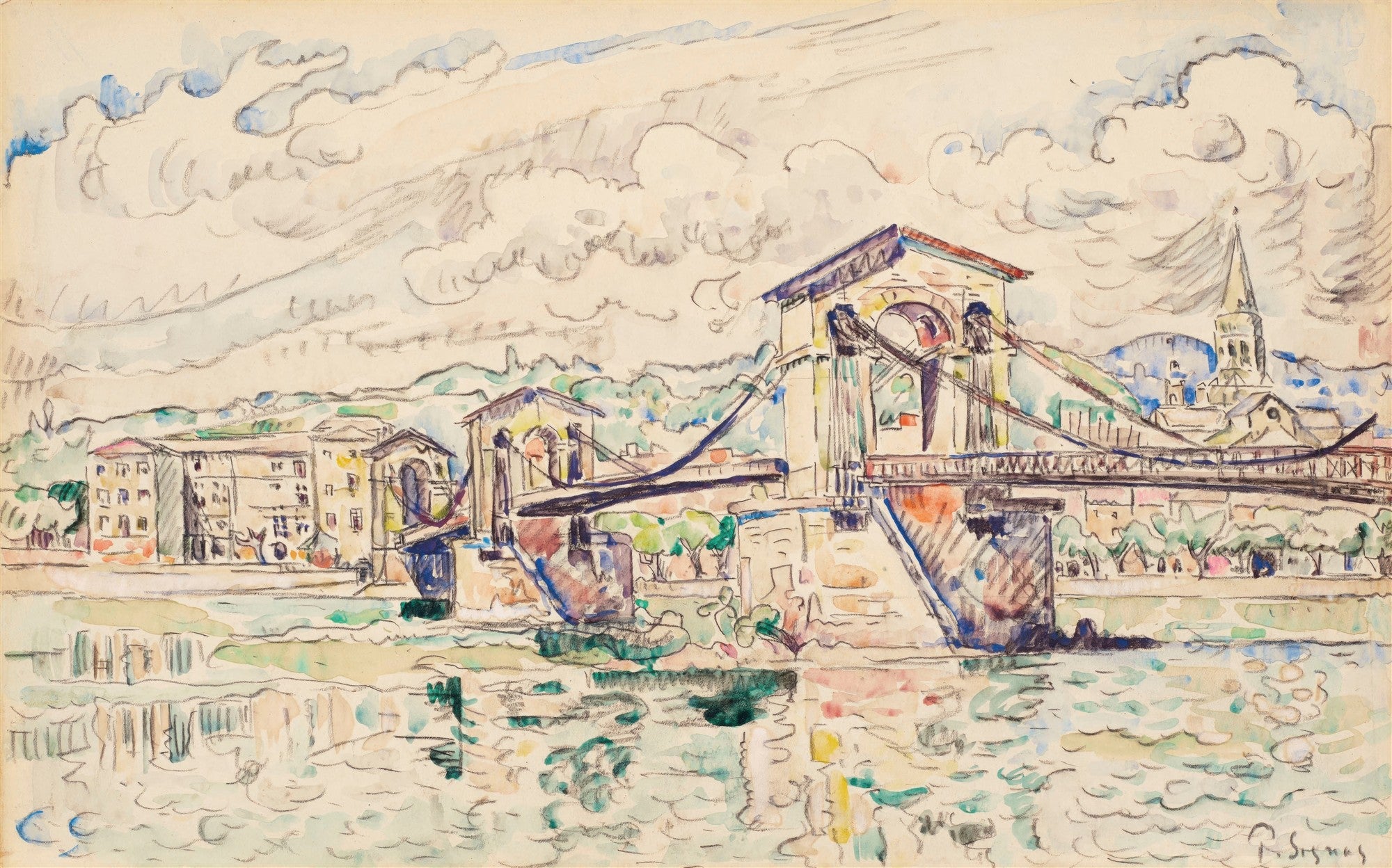 Aquarela de Paul Signac representando uma ponte sobre um rio, com edifícios e colinas ao fundo e céu nublado. A técnica em aquarela destaca-se pela leveza e reflexos na água.