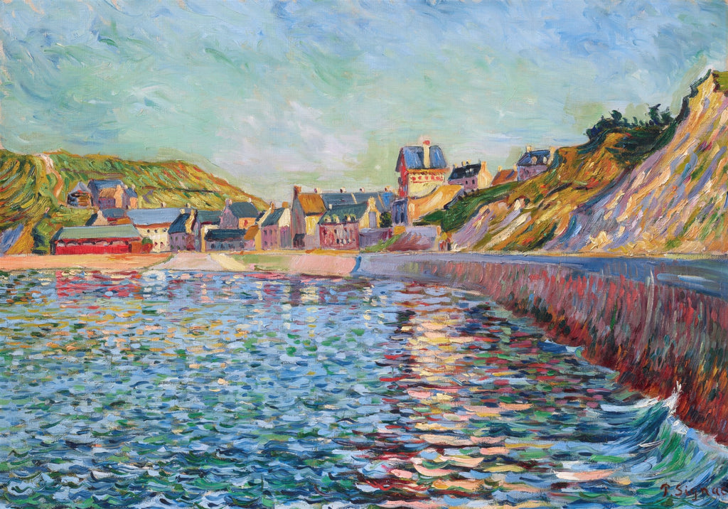 Quadro decorativo do artista Paul Signac, retratando um porto costeiro com casas coloridas, falésias e águas azuis vibrantes. A luz do sol reflete na água com pinceladas pontilhistas e impressionistas.