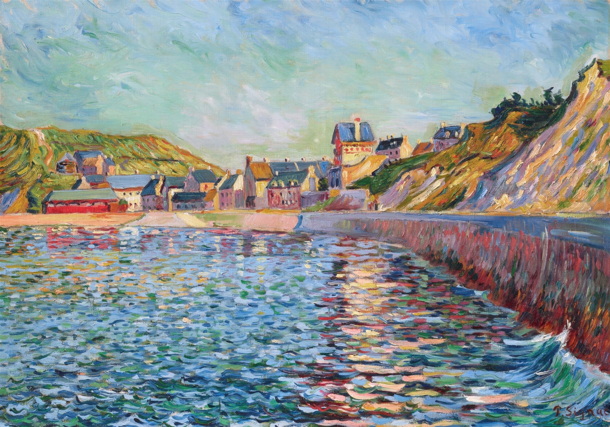 Quadro decorativo do artista Paul Signac, retratando um porto costeiro com casas coloridas, falésias e águas azuis vibrantes. A luz do sol reflete na água com pinceladas pontilhistas e impressionistas.