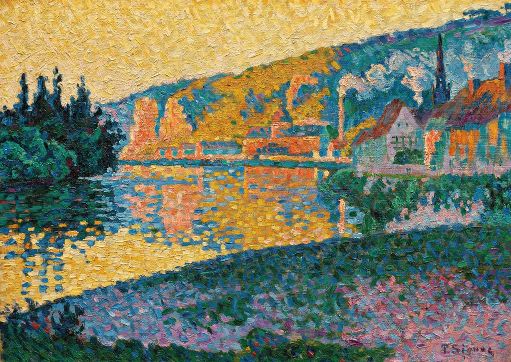 Quadro decorativo Le Pont des Arts de Paul Signac, representando um rio com casas e colinas ao fundo, em estilo pontilhista com cores vibrantes e reflexos na água.