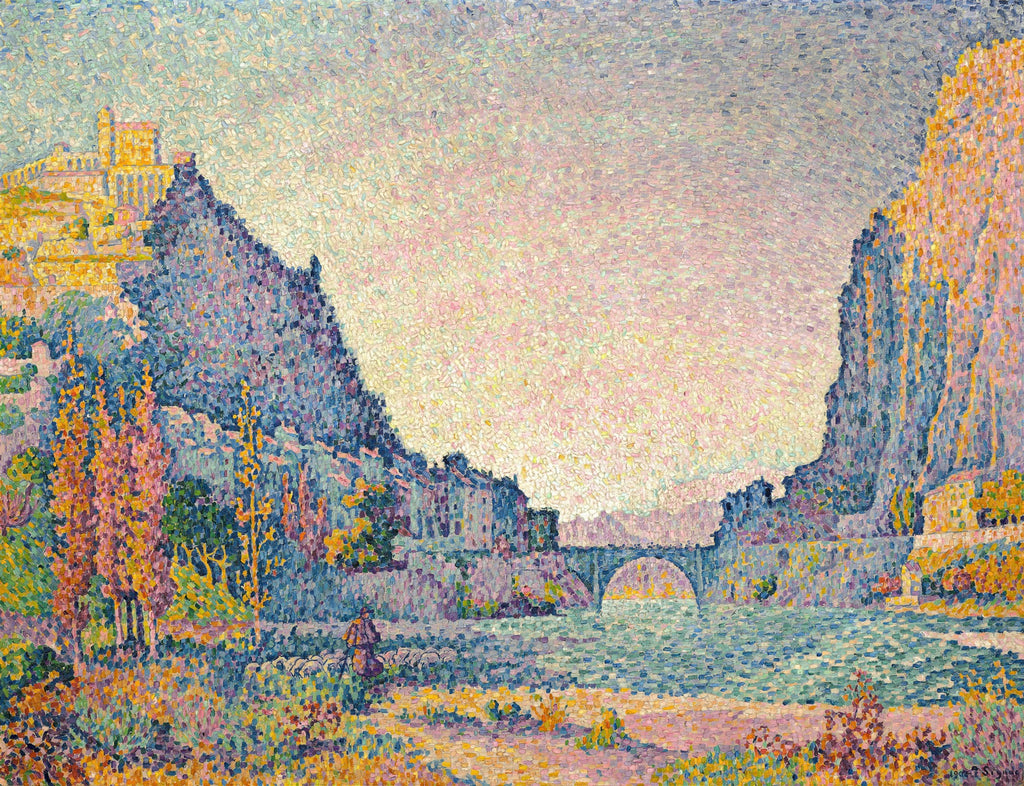 Quadro decorativo da obra A Ponte das Artes de Paul Signac, retratando uma paisagem com rio, ponte em arco, montanhas e construções em estilo pontilhista com cores vibrantes.