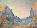 Quadro decorativo da obra A Ponte das Artes de Paul Signac, retratando uma paisagem com rio, ponte em arco, montanhas e construções em estilo pontilhista com cores vibrantes.