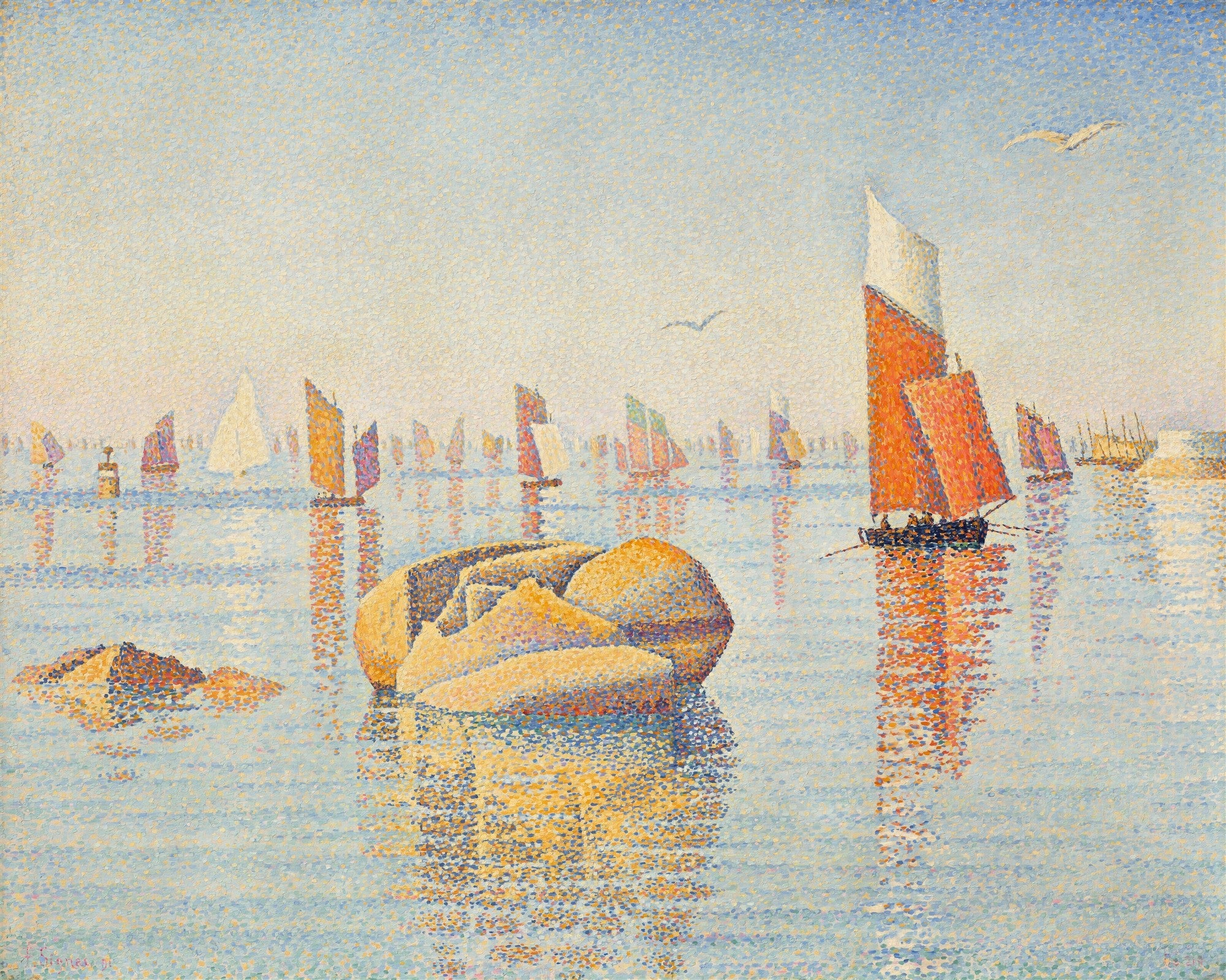 Quadro decorativo mostrando uma cena portuária com muitos barcos a vela coloridos refletidos na água calma, pintada no estilo pontilhista por Paul Signac.