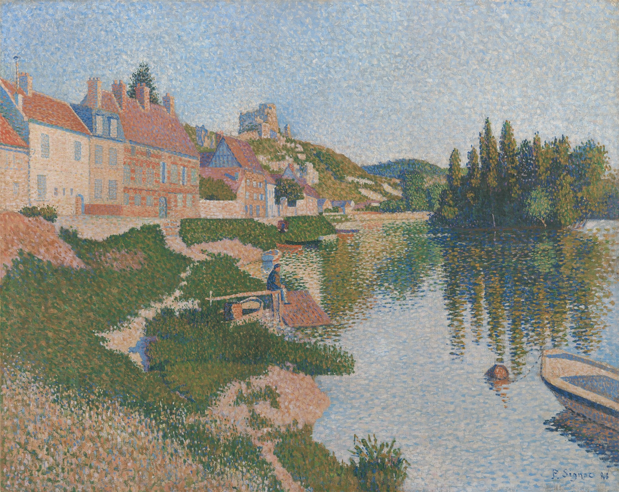 Pintura pontilhista de Paul Signac mostrando uma paisagem fluvial com casas e vegetação à beira do rio, e um barco na água