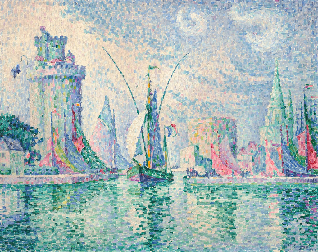 Quadro decorativo do porto de La Rochelle por Paul Signac, com barcos de vela coloridos e uma torre no horizonte, em estilo pontilhista.