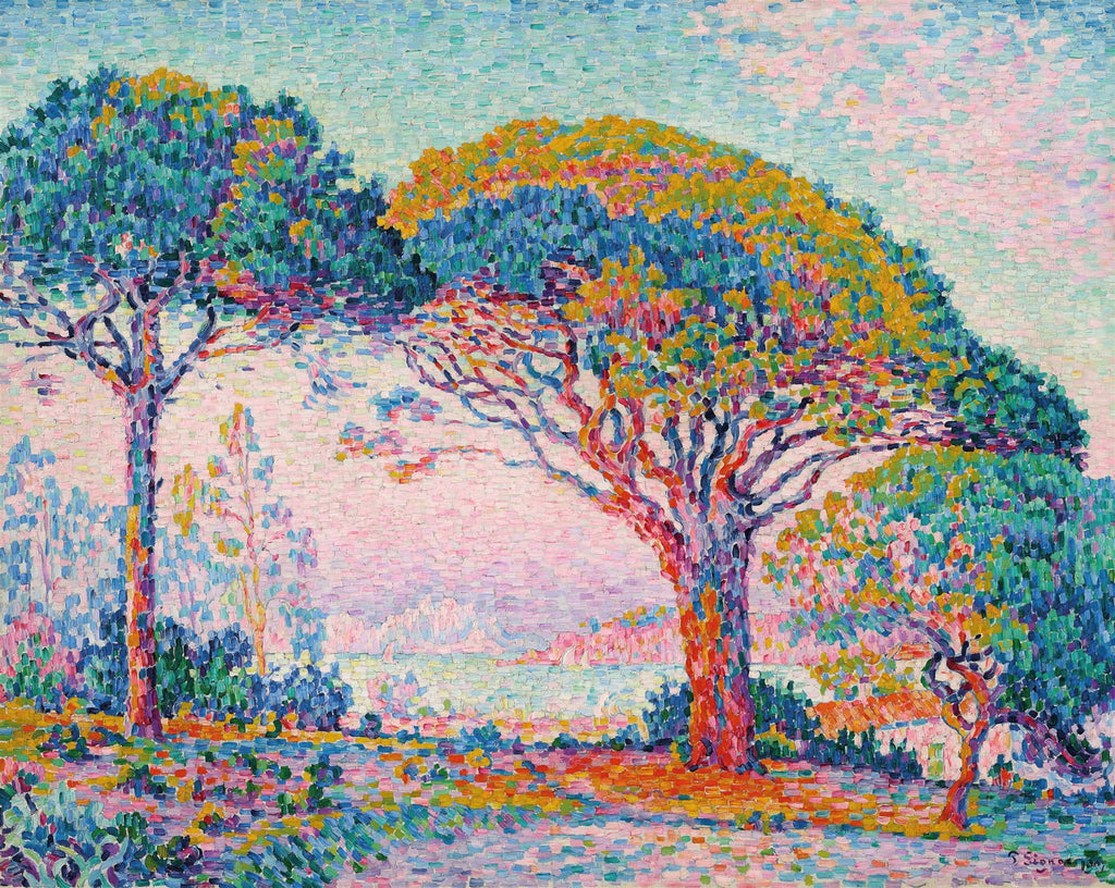 Quadro decorativo com paisagem pontilhista de Paul Signac, árvores coloridas e mar ao fundo, em tons de azul, verde, laranja, rosa e roxo.