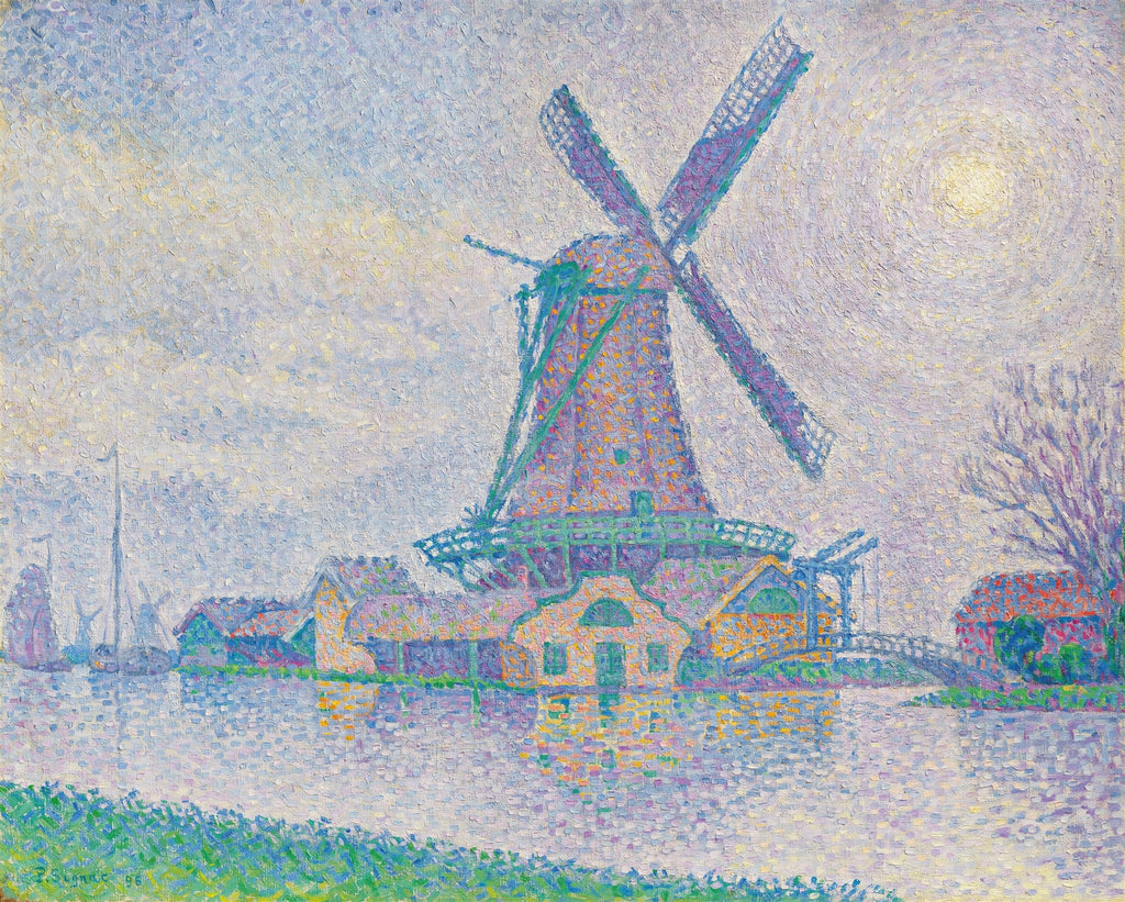 Moinho ao Luar de Paul Signac, pintura pontilhista com moinho e barcos em rio sob luz lunar suave, cores pastel.