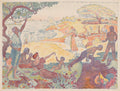 Quadro decorativo com a obra 'A Idade de Ouro' de Paul Signac, mostrando uma paisagem bucólica com figuras humanas em atividades harmoniosas à beira-mar, com tons pastéis e tracejados coloridos, característicos do pontilhismo.