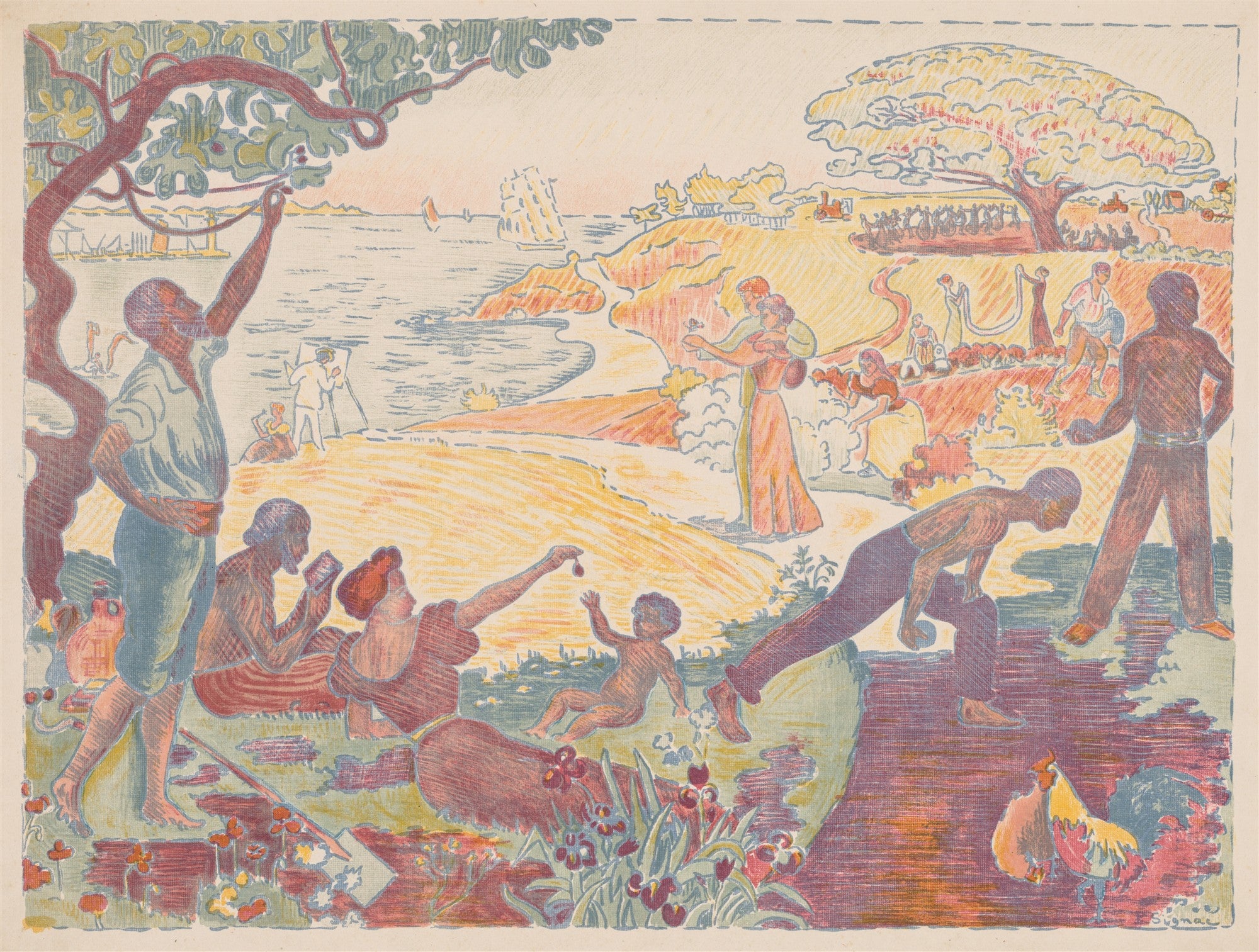 Quadro decorativo com a obra 'A Idade de Ouro' de Paul Signac, mostrando uma paisagem bucólica com figuras humanas em atividades harmoniosas à beira-mar, com tons pastéis e tracejados coloridos, característicos do pontilhismo.