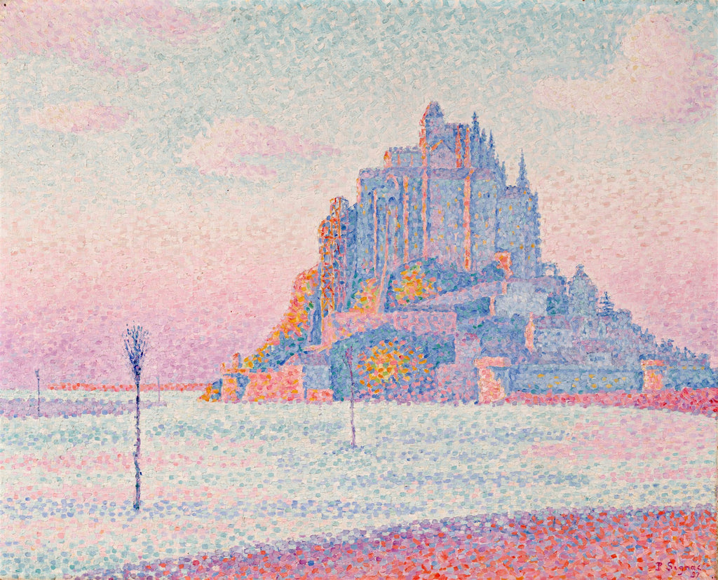 Uma pintura pontilhista vibrante de Paul Signac retratando o Mont Saint-Michel ao entardecer, com tons de rosa, azul e amarelo dominando a cena.