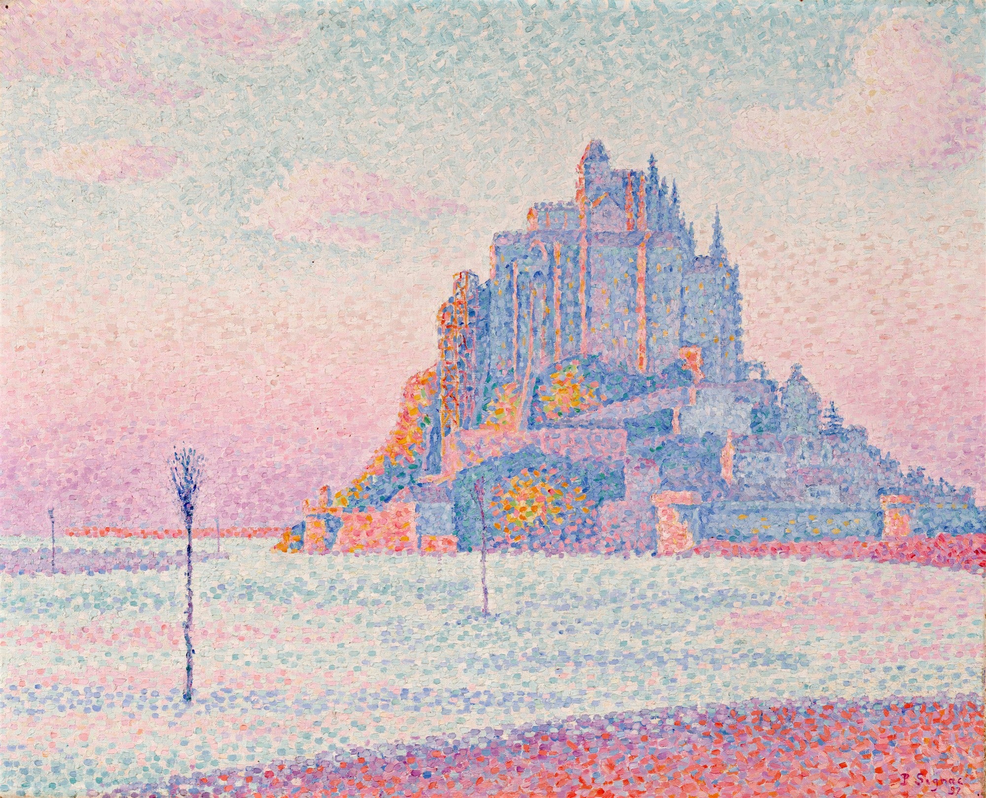 Uma pintura pontilhista vibrante de Paul Signac retratando o Mont Saint-Michel ao entardecer, com tons de rosa, azul e amarelo dominando a cena.