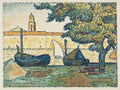 Quadro decorativo do Porto de Saint-Tropez, de Paul Signac, com barcos de pesca e uma grande árvore frondosa em primeiro plano, uma torre de igreja ao fundo e edifícios de cor creme às margens.