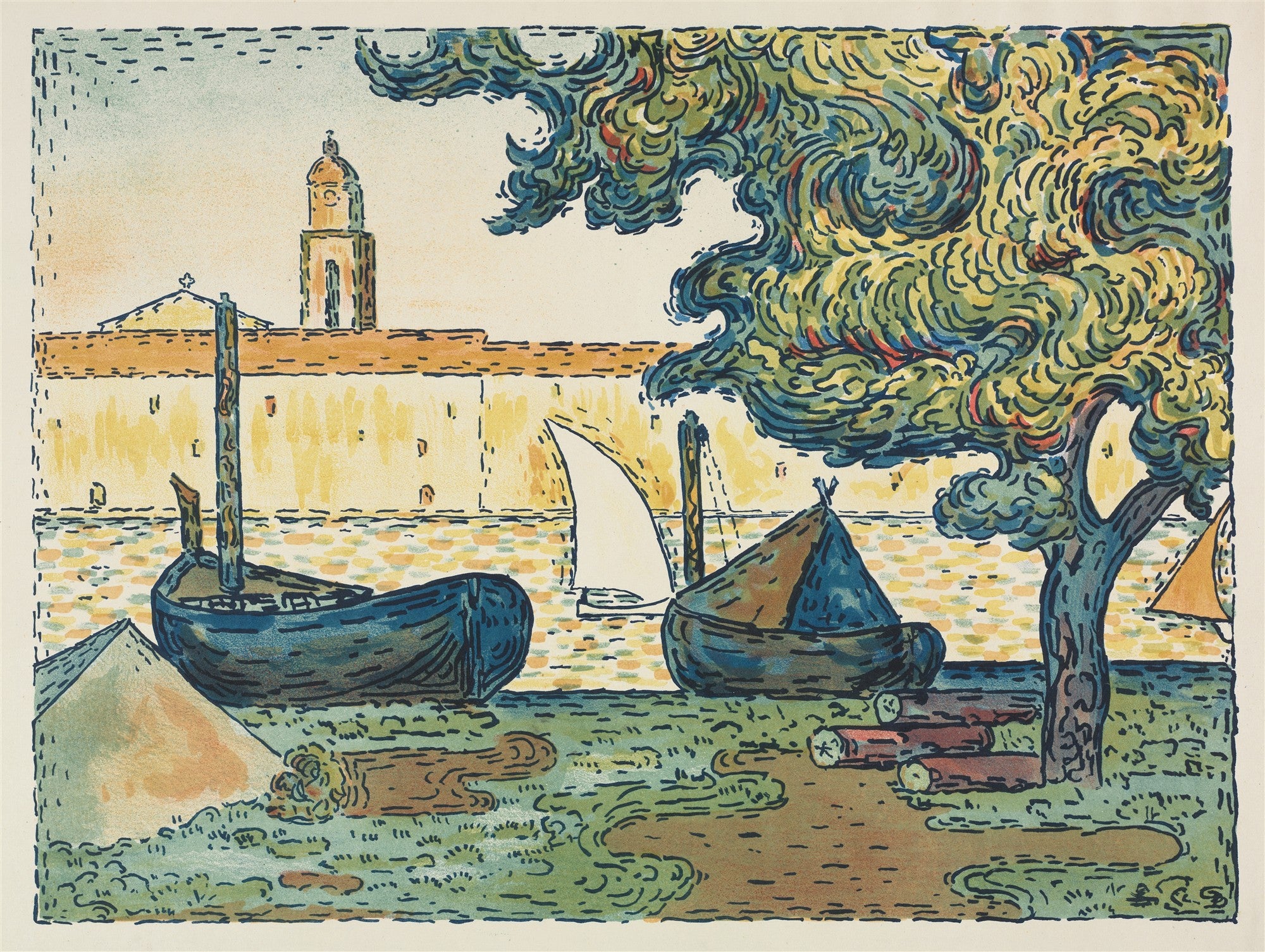 Quadro decorativo do Porto de Saint-Tropez, de Paul Signac, com barcos de pesca e uma grande árvore frondosa em primeiro plano, uma torre de igreja ao fundo e edifícios de cor creme às margens.