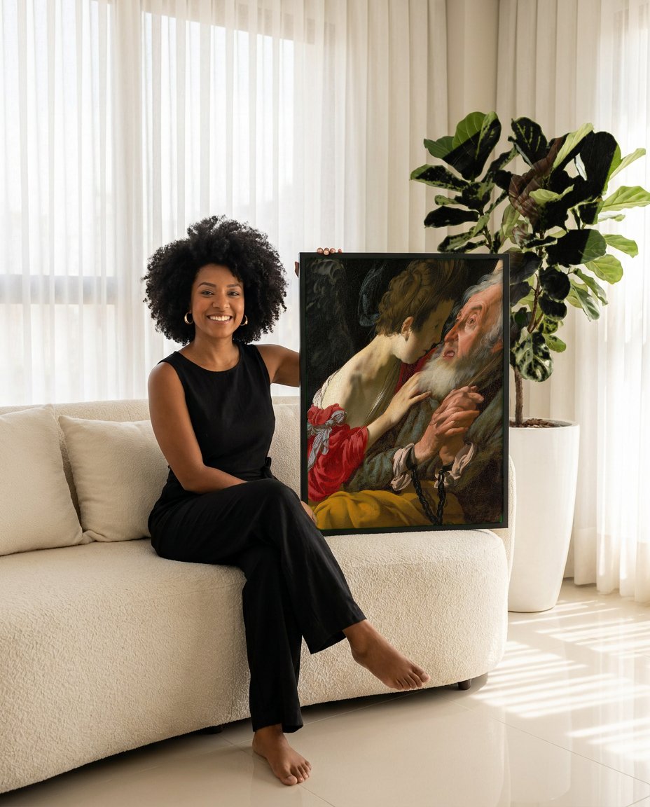 Quadro Decorativo A Libertação de São Pedro - Hendrick ter Brugghen com modelo em ambiente