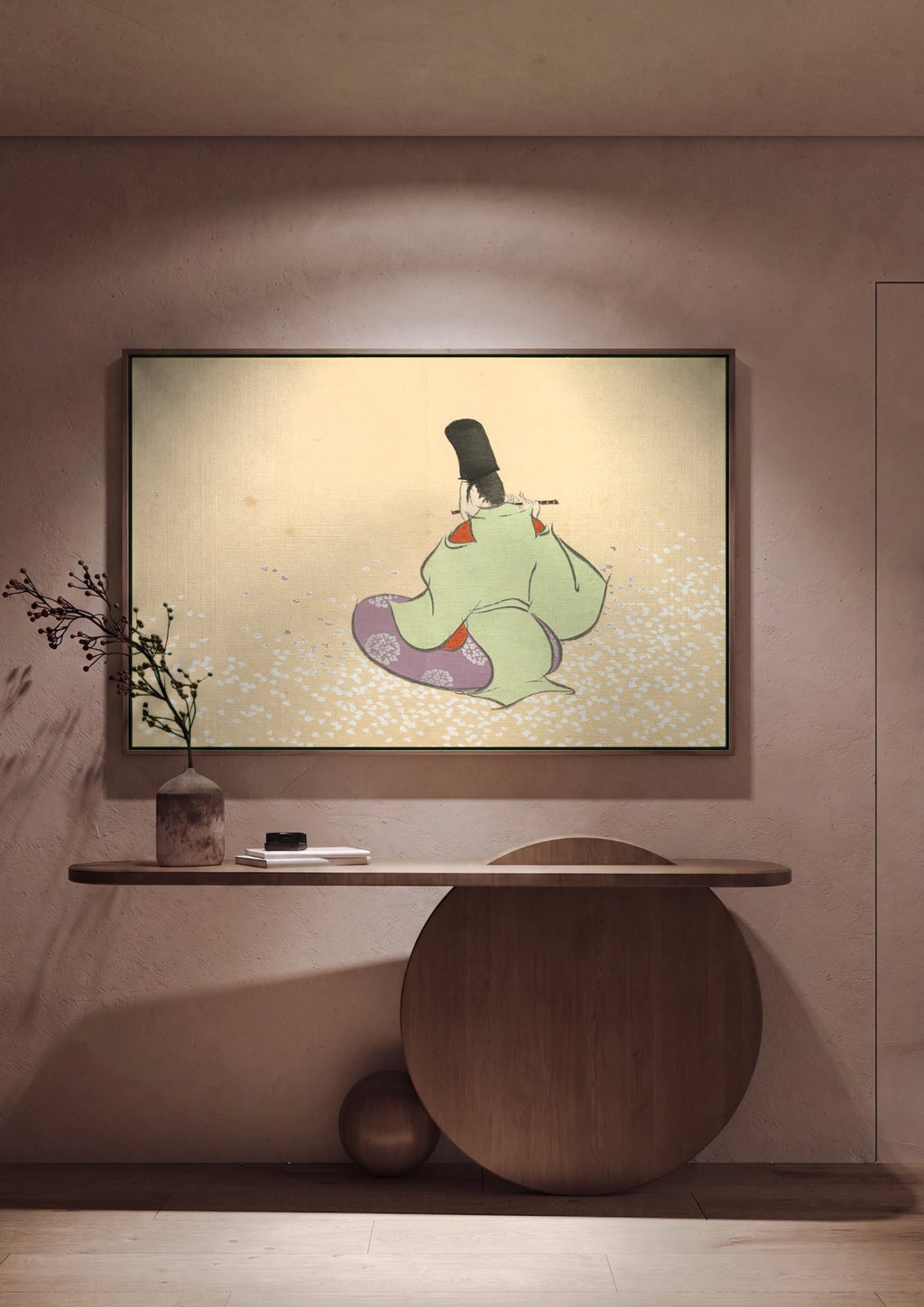 Quadro Decorativo Músico com Flauta e Pétalas - Kamisaka Sekka em ambiente decorado