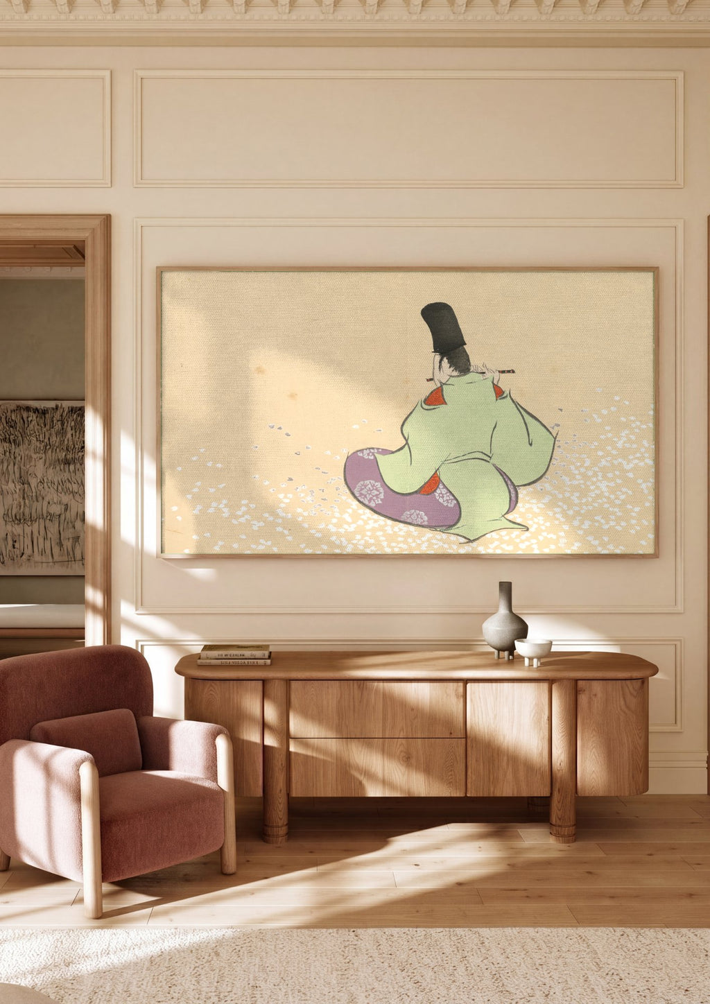 Quadro Decorativo Músico com Flauta e Pétalas - Kamisaka Sekka em ambiente decorado