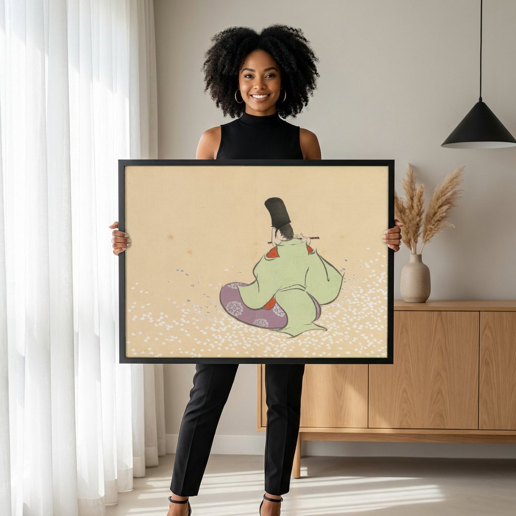 Quadro Decorativo Músico com Flauta e Pétalas - Kamisaka Sekka com modelo em ambiente