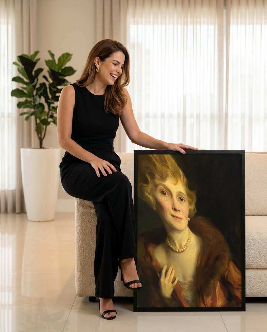 Quadro Decorativo Retrato de Dama com Pérolas - Philip Alexius de László com modelo em ambiente