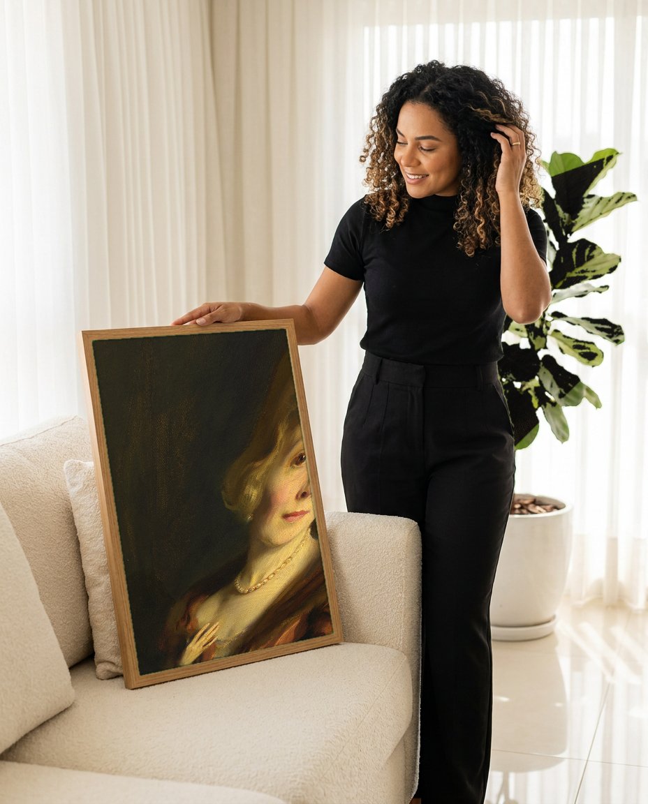 Quadro Decorativo Retrato de Dama com Pérolas - Philip Alexius de László com modelo em ambiente